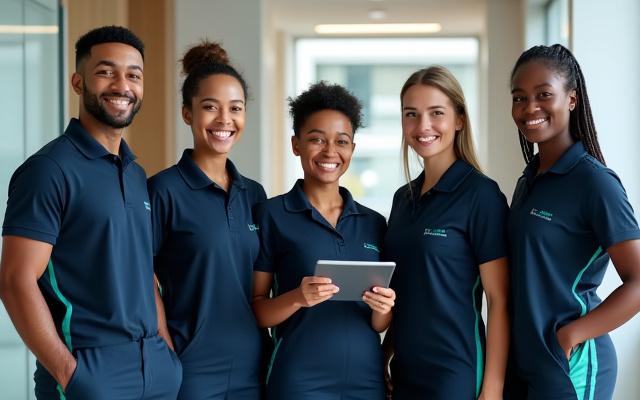 True Cleaning Group professional cleaning team smiling, uniformed, and ready to work in a modern office environment