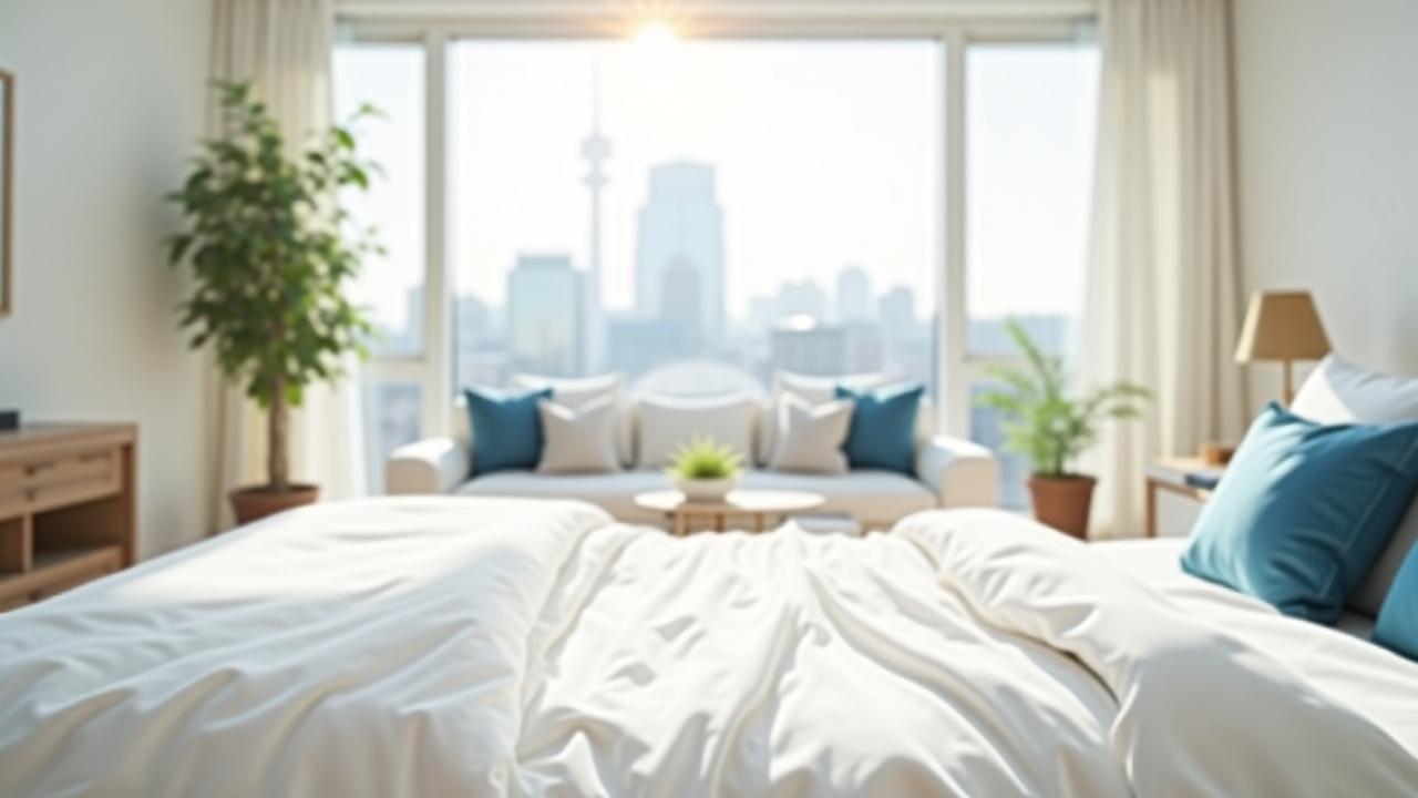 Pristine and inviting Airbnb apartment ready for new guests with a view of London, sparkling clean surfaces and beautifully arranged decor.