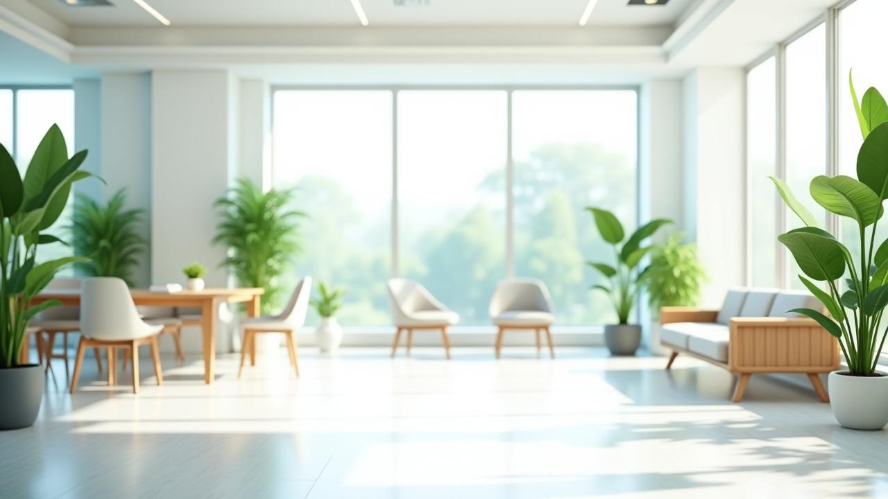 Bright, clean office with abundant green plants and natural light, promoting a healthy environment