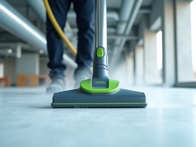 Professional HEPA-filter vacuum cleaner in action on a construction site