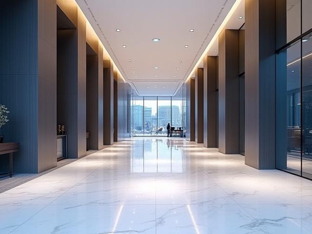 Prestigious commercial office lobby perfectly cleaned after construction in Canary Wharf