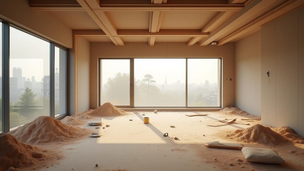 Dusty construction site before cleaning, with debris and building materials