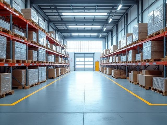 Well-lit and organized warehouse with clean, marked floors